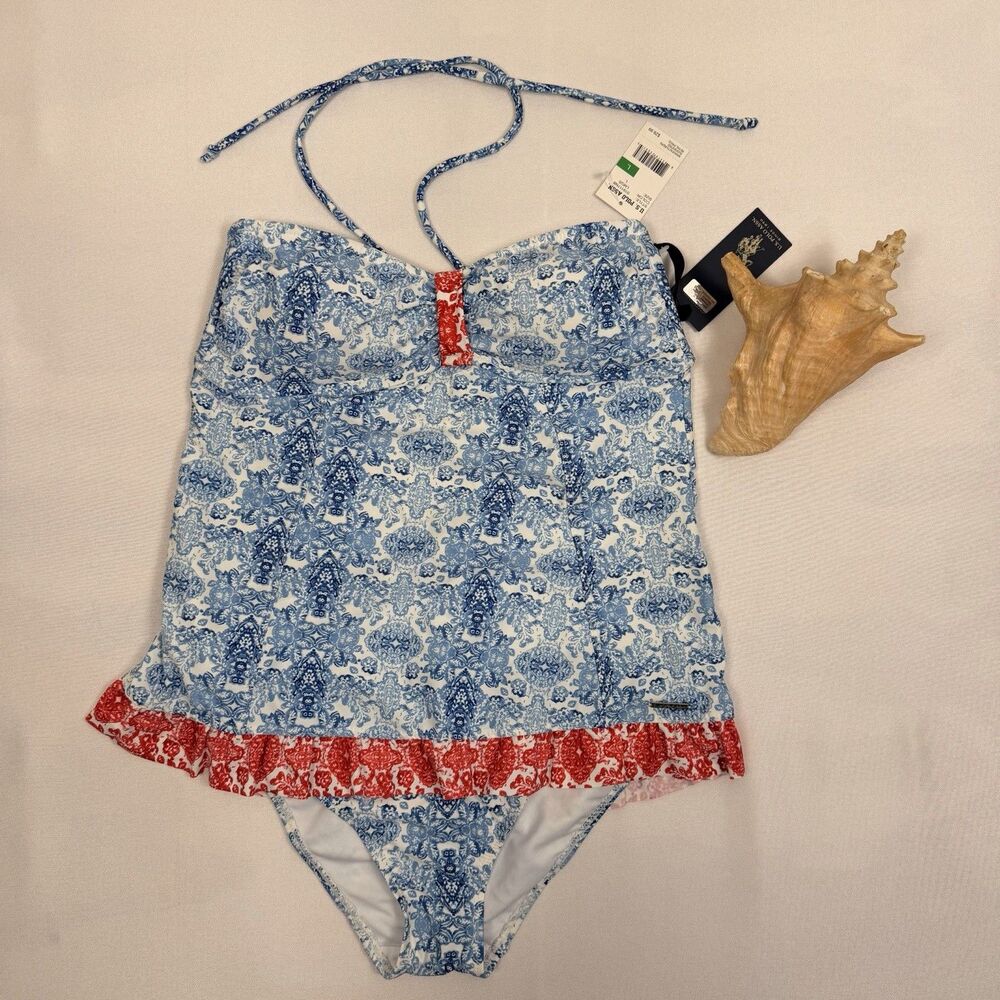 NWT U.S. Polo Assn. Women’s Tankini L Blue/Red/White Ruffle Bow Halter